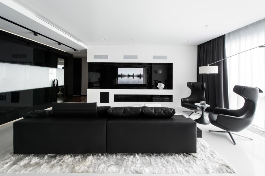 living room white walls black furniture